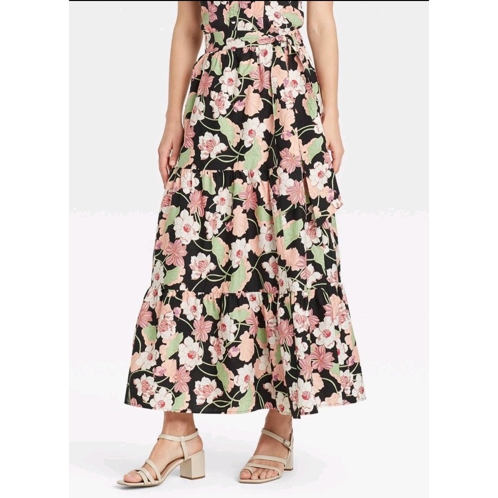 Who What Wear Black Floral Tiered Maxi Skirt with Pink and Green Print